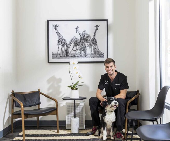 Asheville dentist Cameron Swift with his bernadoodle