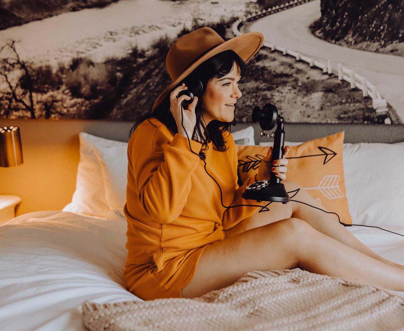 branding hood river hotel woman with vintage phone