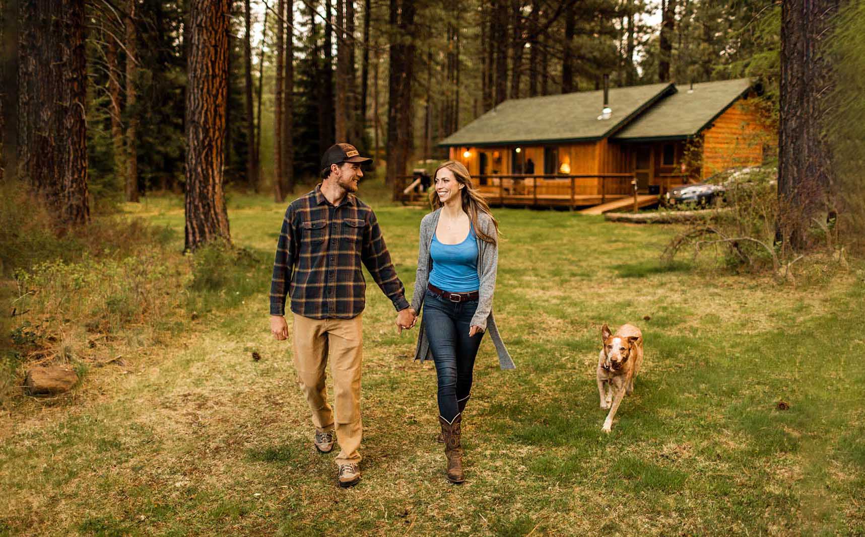 cabin getaway couple with dog