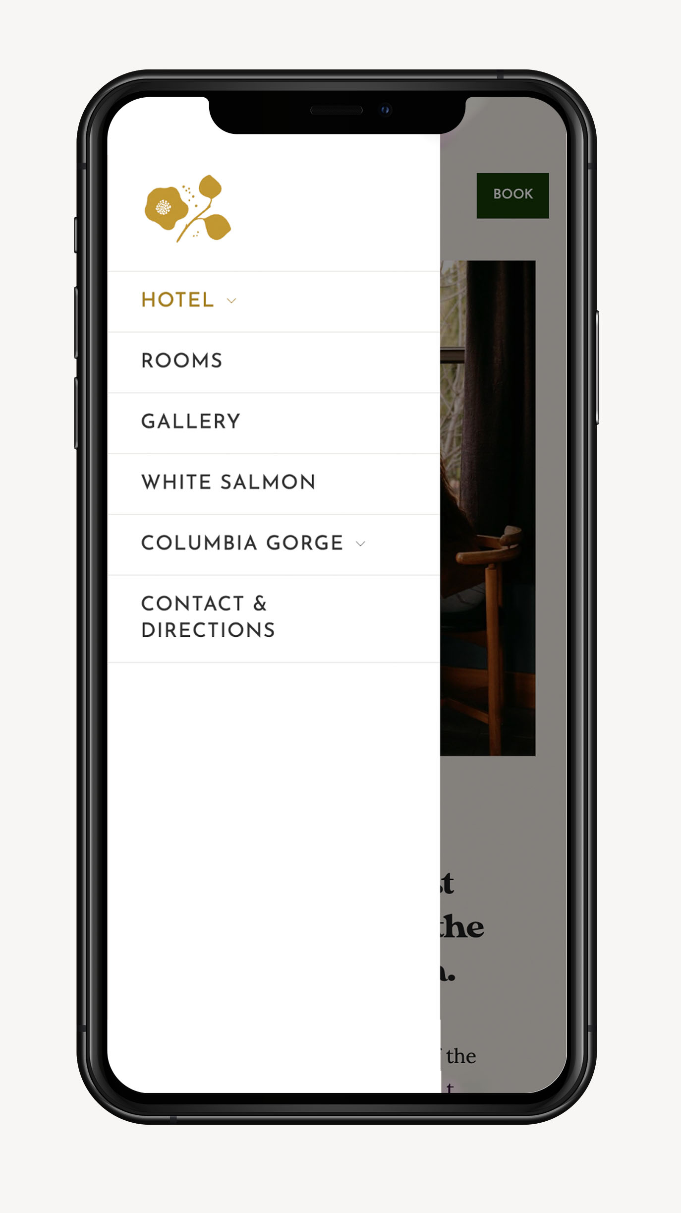 Mobile hotel web design side menu