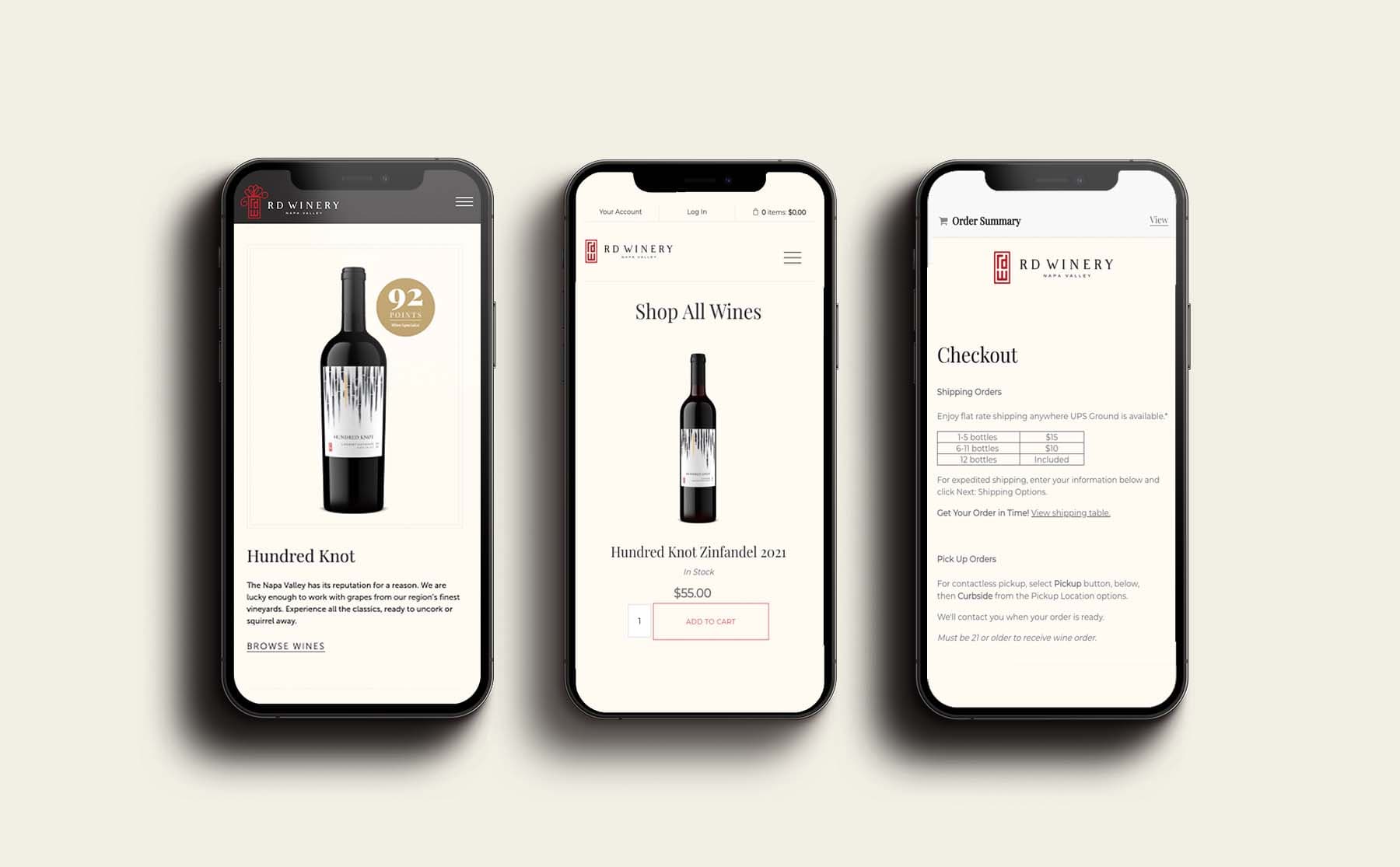 mobile e-commerce checkout screens for winery website